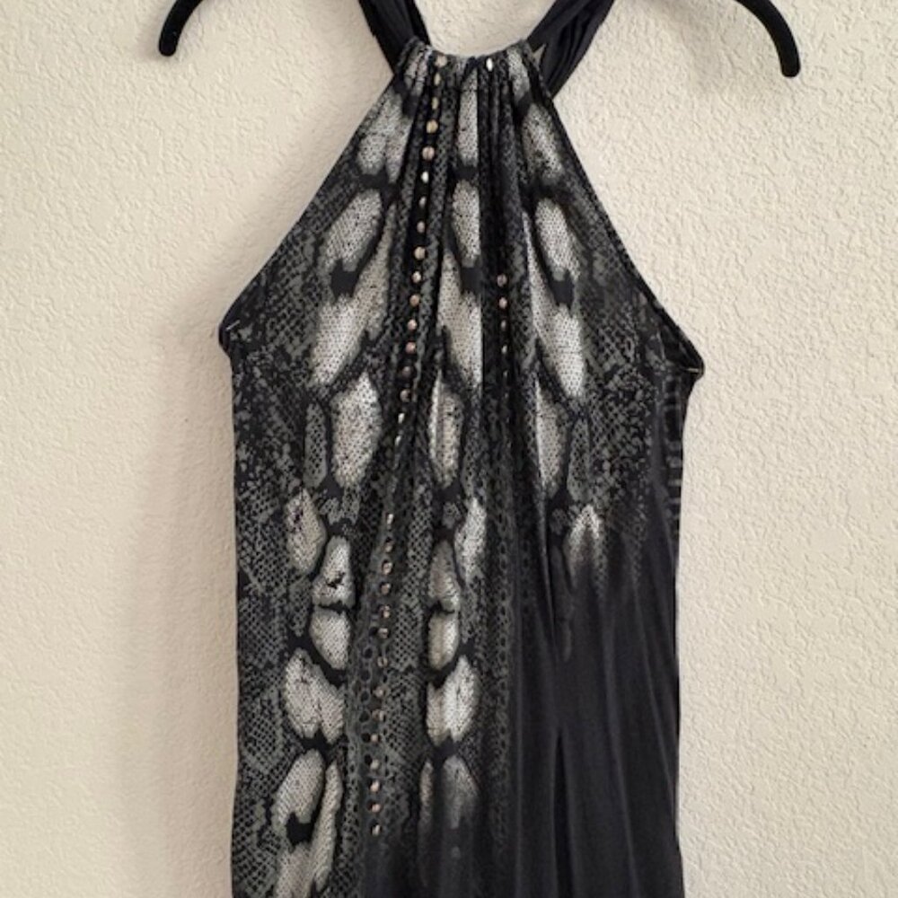 MISS ME SILVER SNAKE PRINT HALTER TOP, SIZE L
